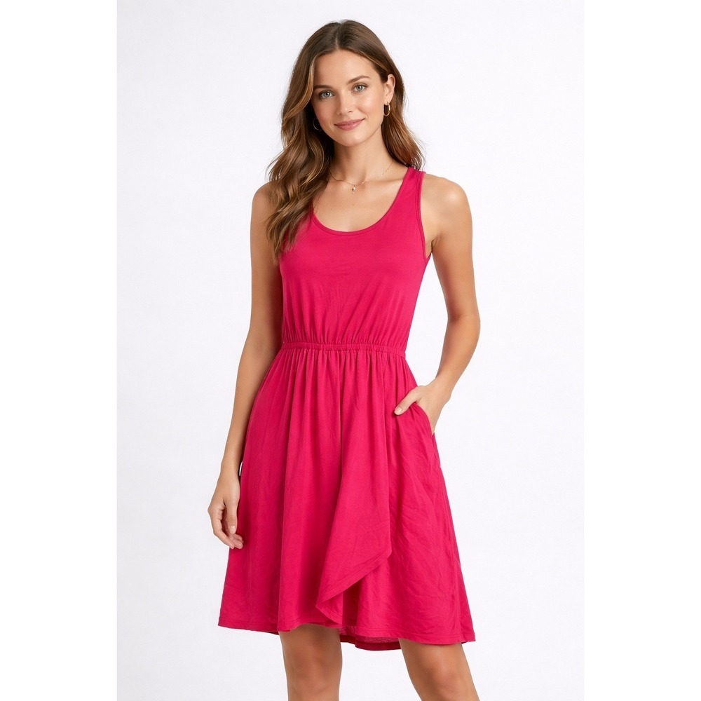 Lilka Anthropologie Pink Rose Knit Tank Dress Elastic Waist Tulip Hem Small NEW